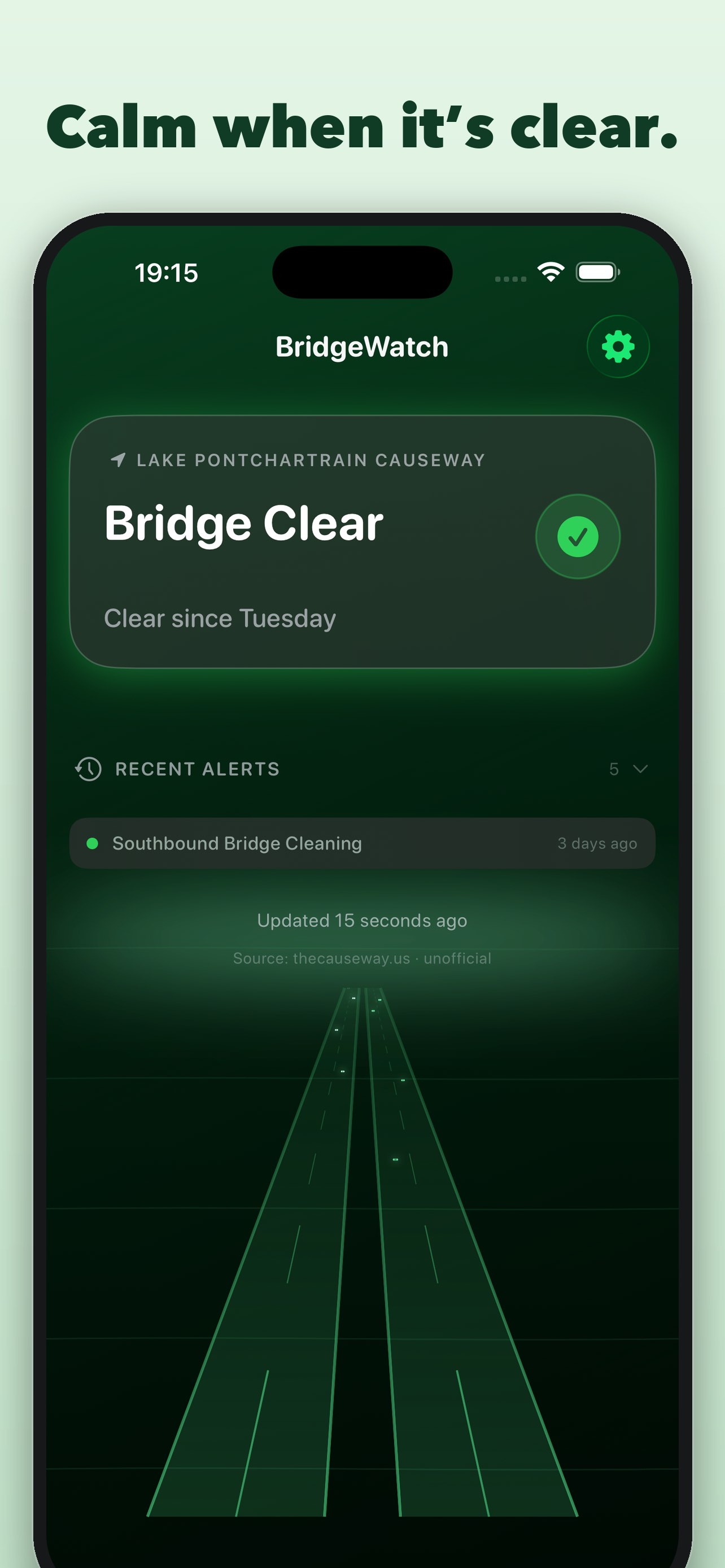 BridgeWatch's green Bridge Clear screen and recent alerts, from the app's marketing screenshots