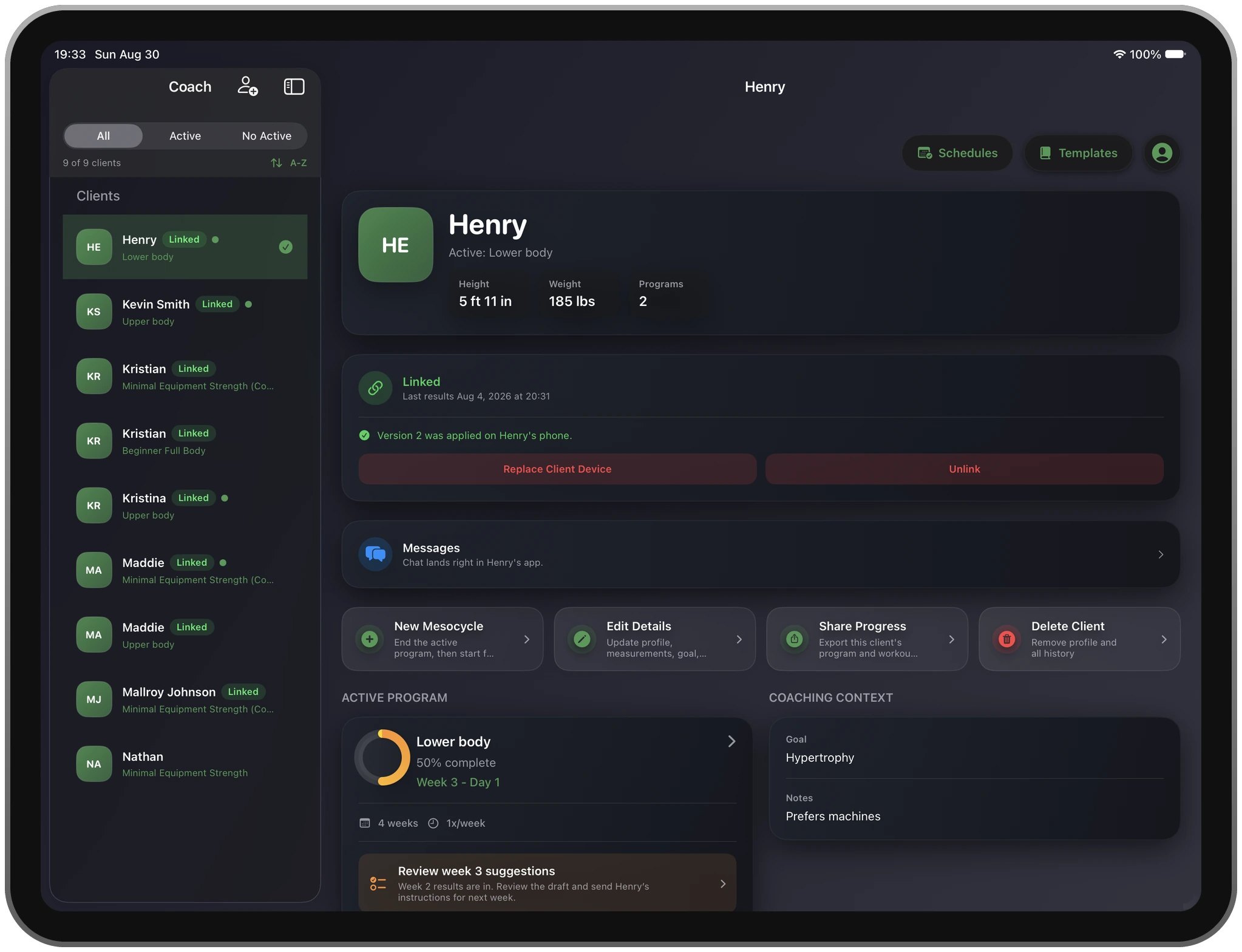 MesoBuilder iPad coaching workspace with client roster and program details