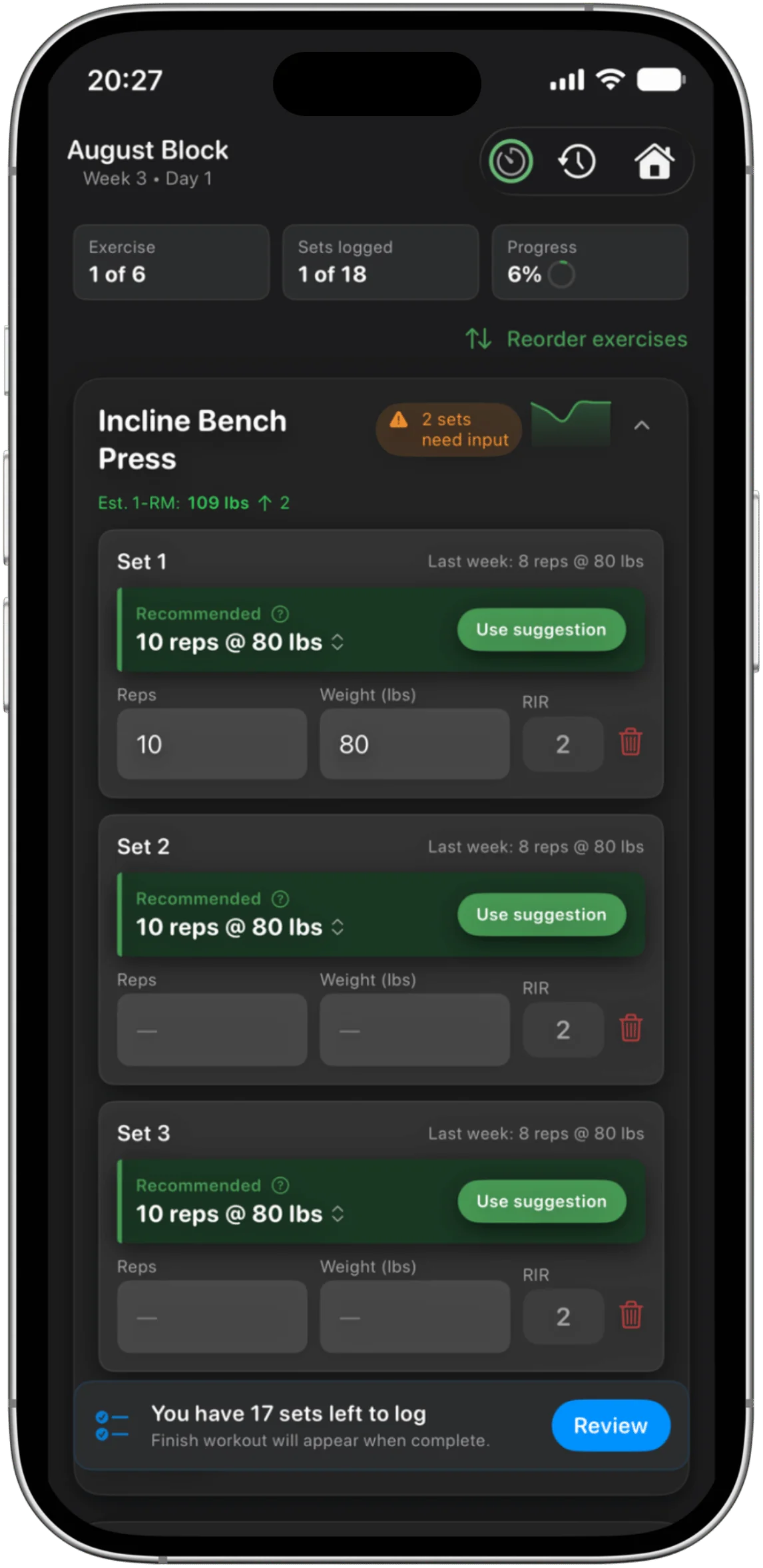 MesoBuilder workout screen with weight, rep and effort logging